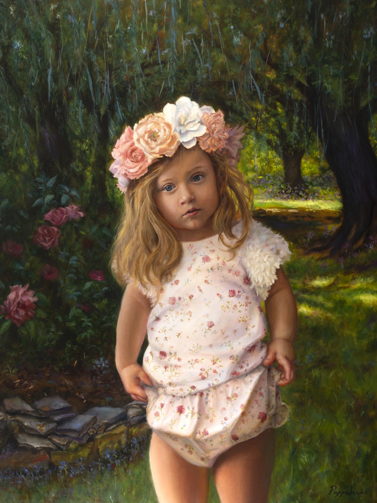 Young girl in a flower crown standing in a willow grove