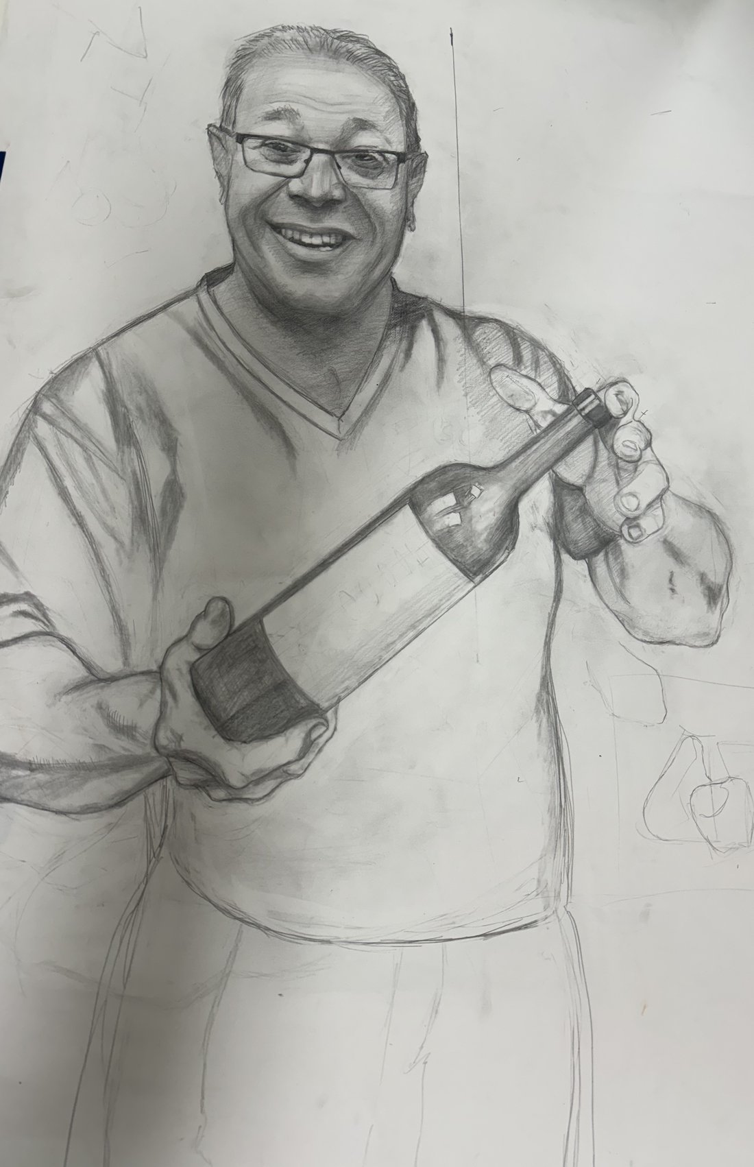 Pencil study of a smiling man holding a wine bottle