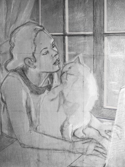 Pencil study of a woman nuzzling a cat